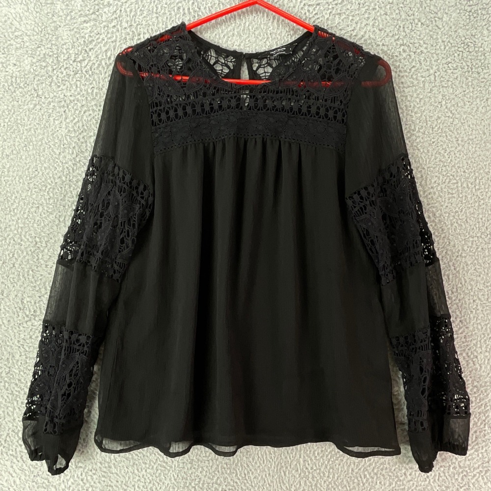 Lucky Brand Blouse Womens Small Black Crochet Lace Chiffon Peasant Goth Boho Top